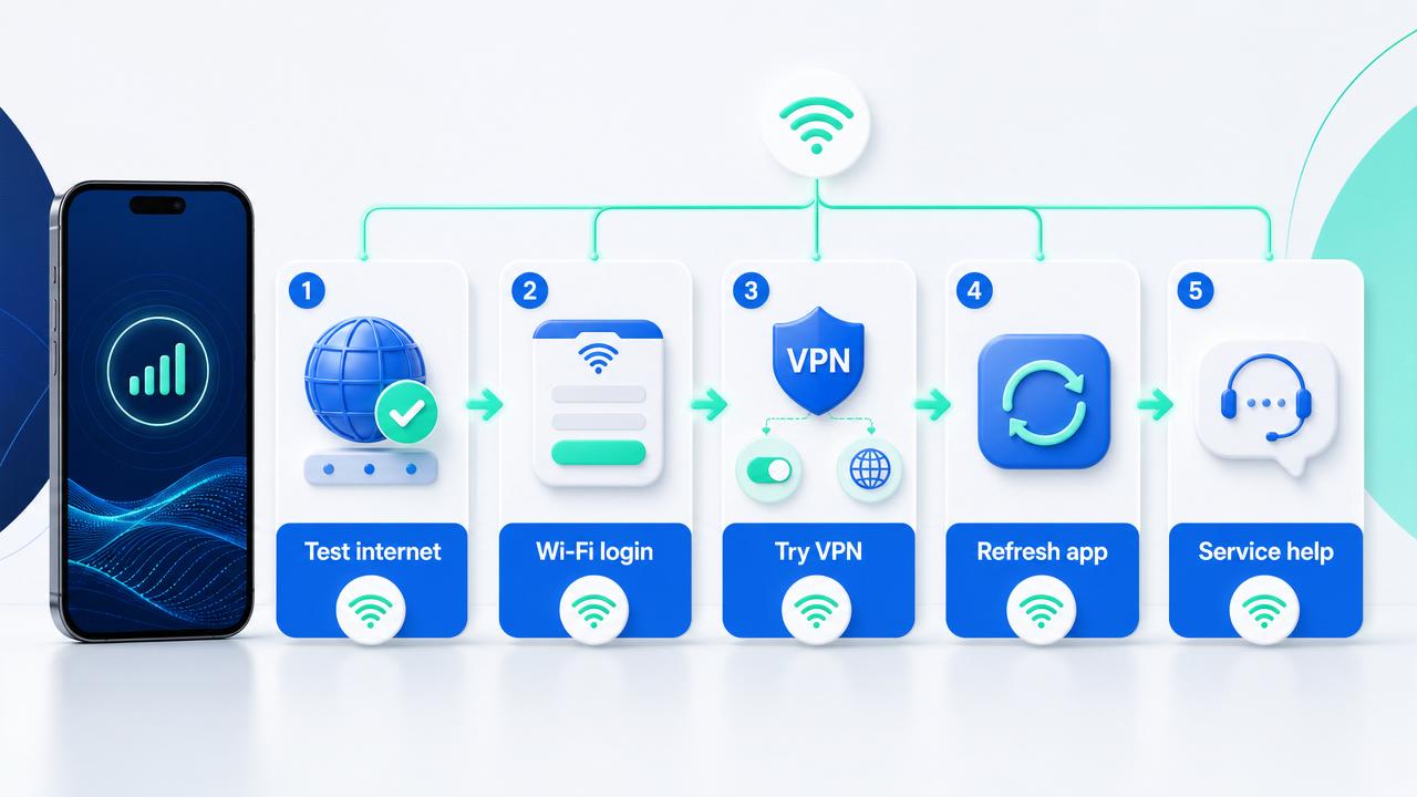 Five-step process illustration for troubleshooting an app or website not working abroad: test internet, complete Wi-Fi login, try VPN, refresh the app, contact service support.