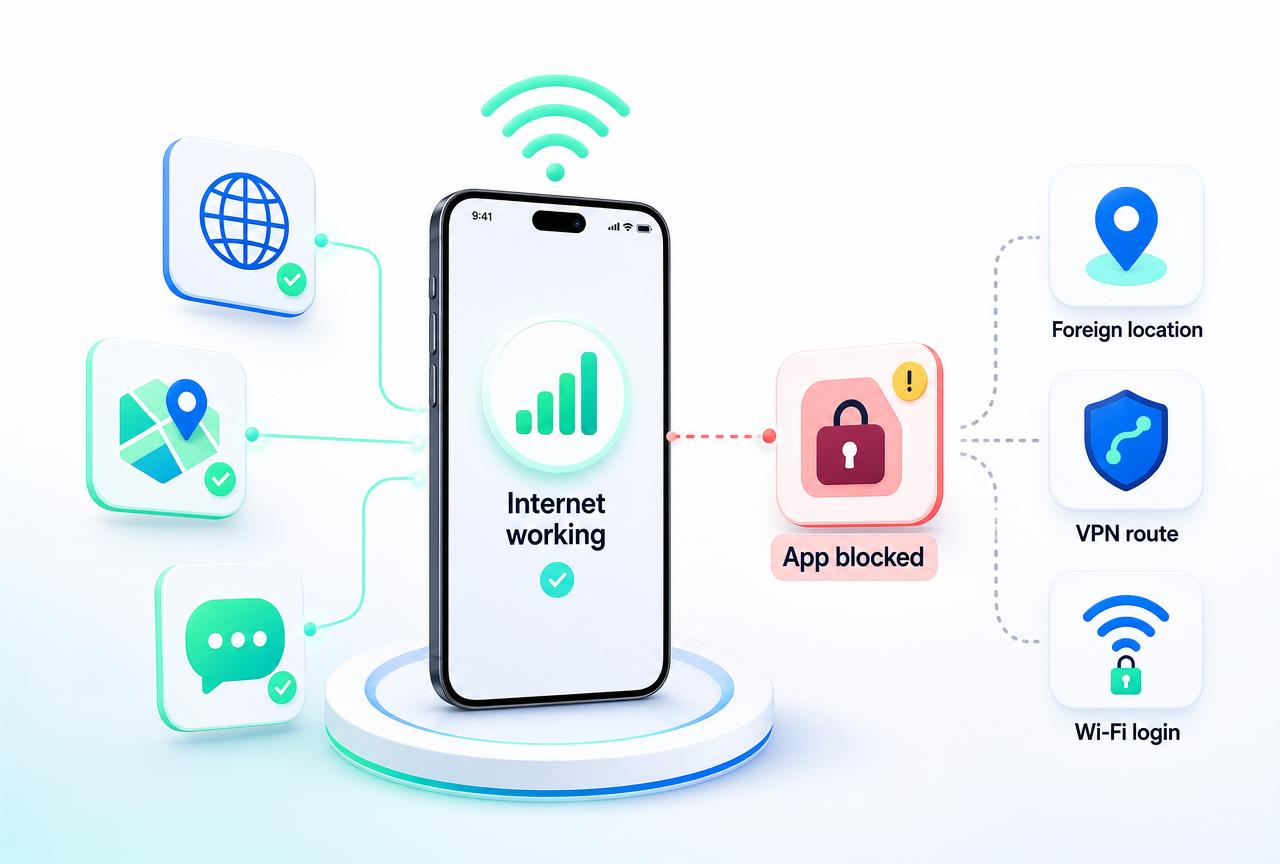 Illustration showing a phone with working mobile internet while one app tile is blocked, surrounded by possible causes: foreign location, VPN route and public Wi-Fi login.