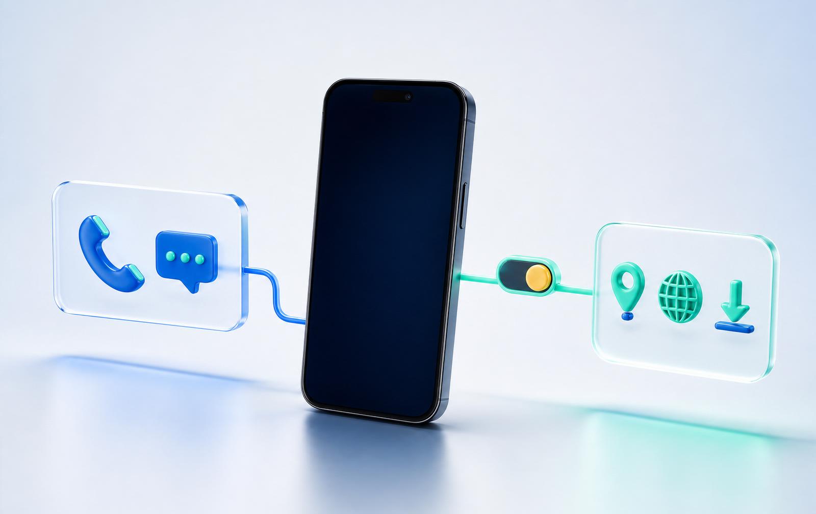 Dual-SIM travel illustration showing the normal home line used for calls and messages while the travel eSIM is selected for mobile data.