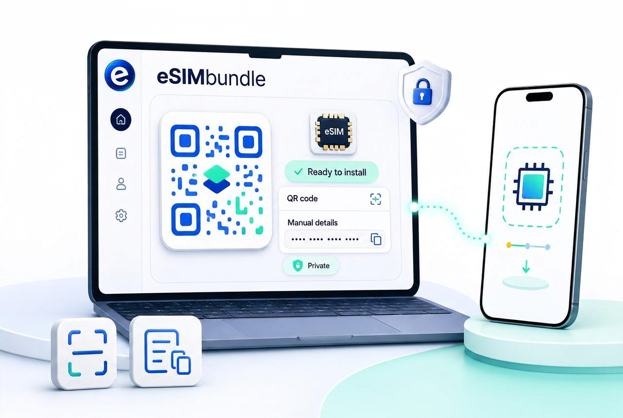 Illustration of an eSIMbundle account showing a private eSIM QR code and manual installation details beside the phone being installed.