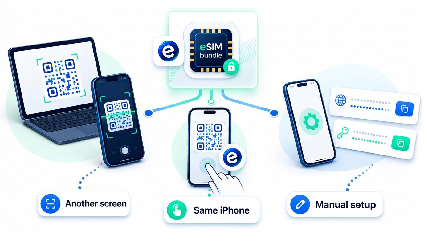 Illustration comparing QR scanning from another screen, same-iPhone QR installation and manual Android eSIM setup.