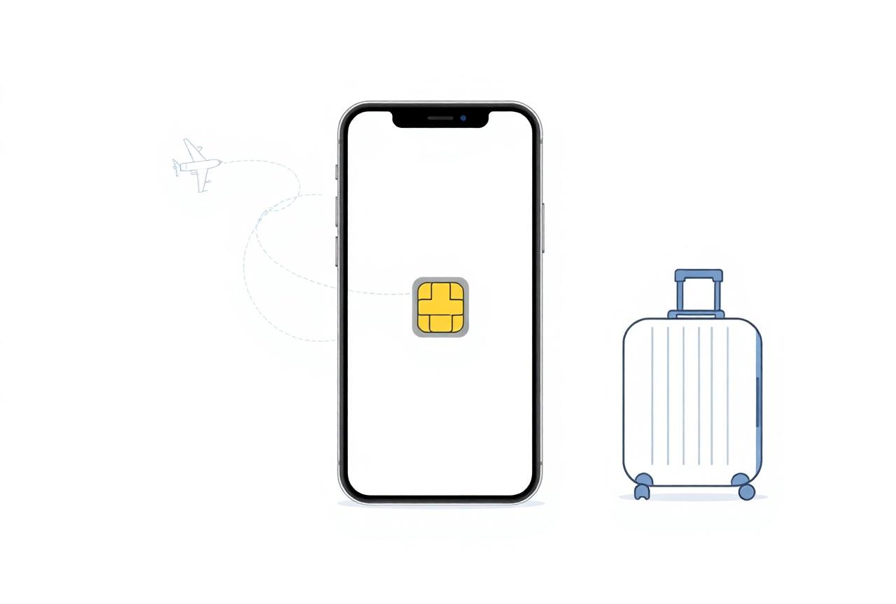 Illustration of a phone with an eSIM profile card, suitcase, and airplane route showing install-before-travel setup.