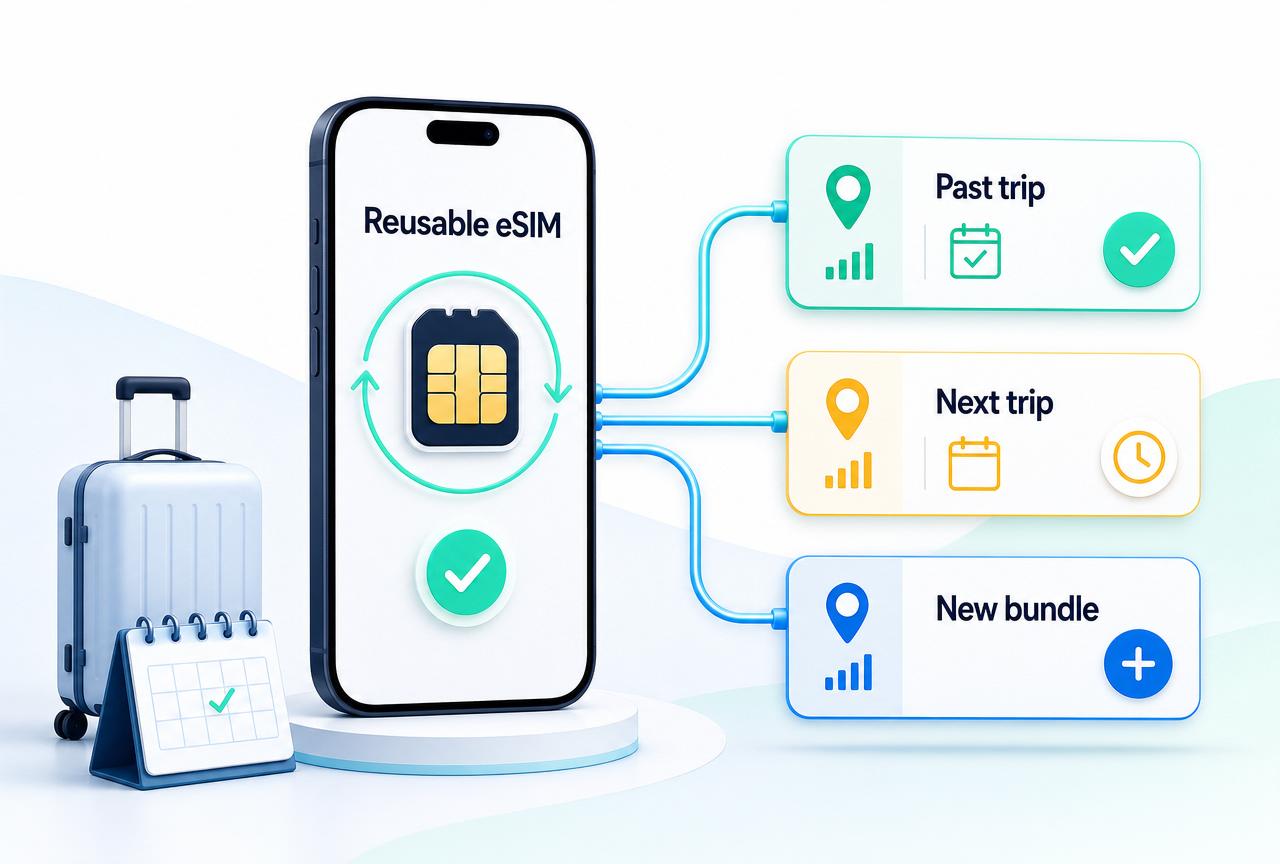 Illustration showing one reusable eSIM installed on a phone with separate destination data bundles attached for different trips.
