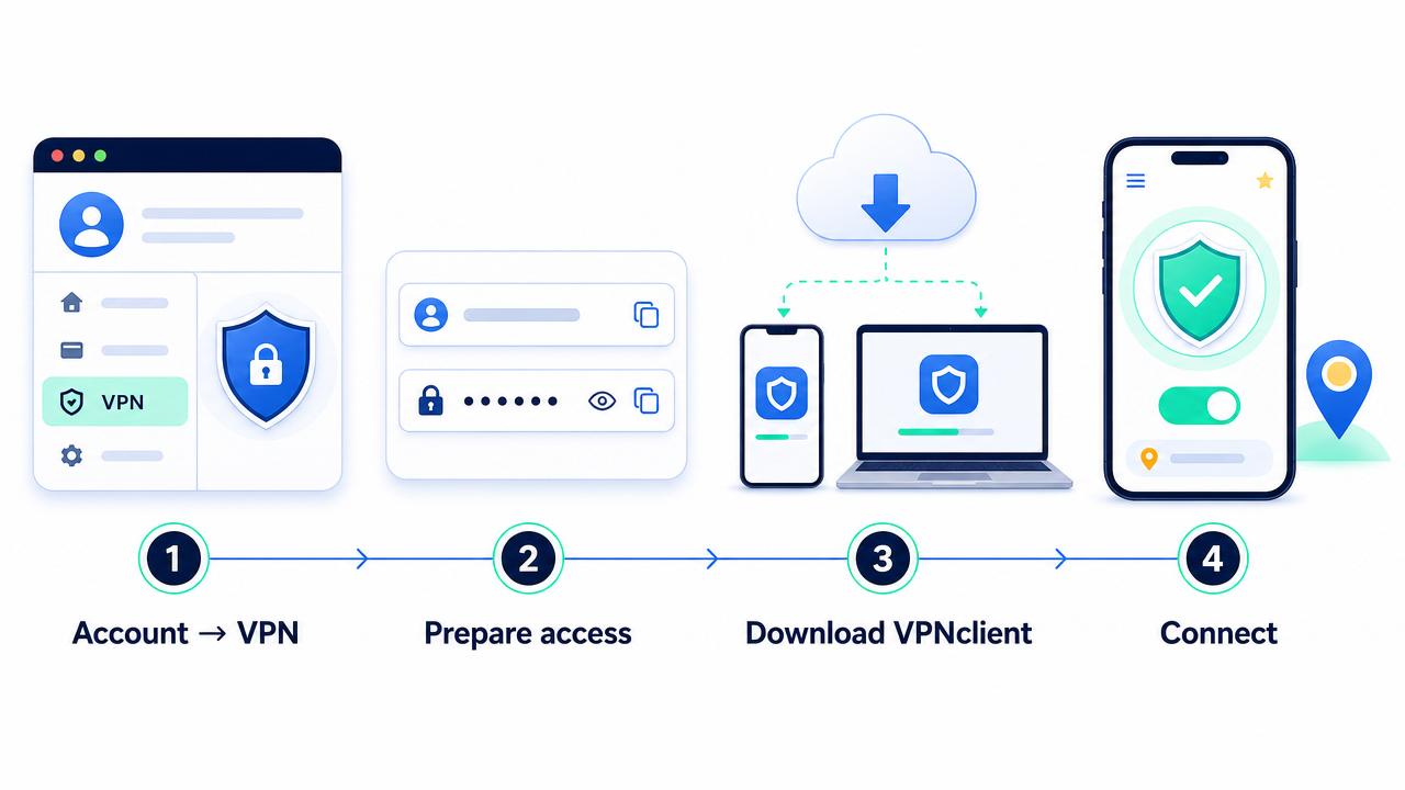 Four-step illustration showing Account → VPN, preparing credentials, downloading VPNclient and connecting through the app.