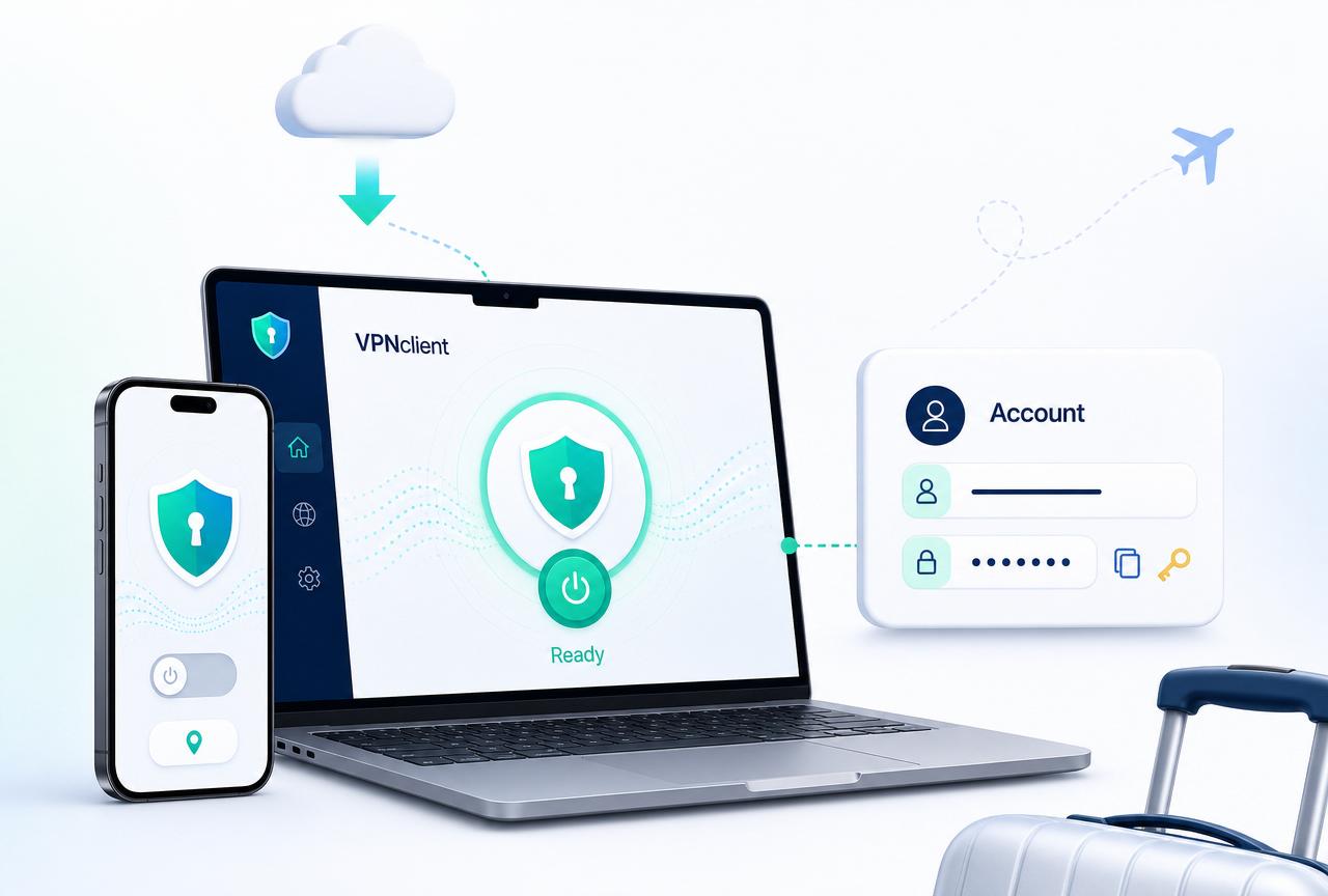 Illustration showing an eSIMbundle account managing VPN credentials while VPNclient on a phone and laptop is used to make the connection.
