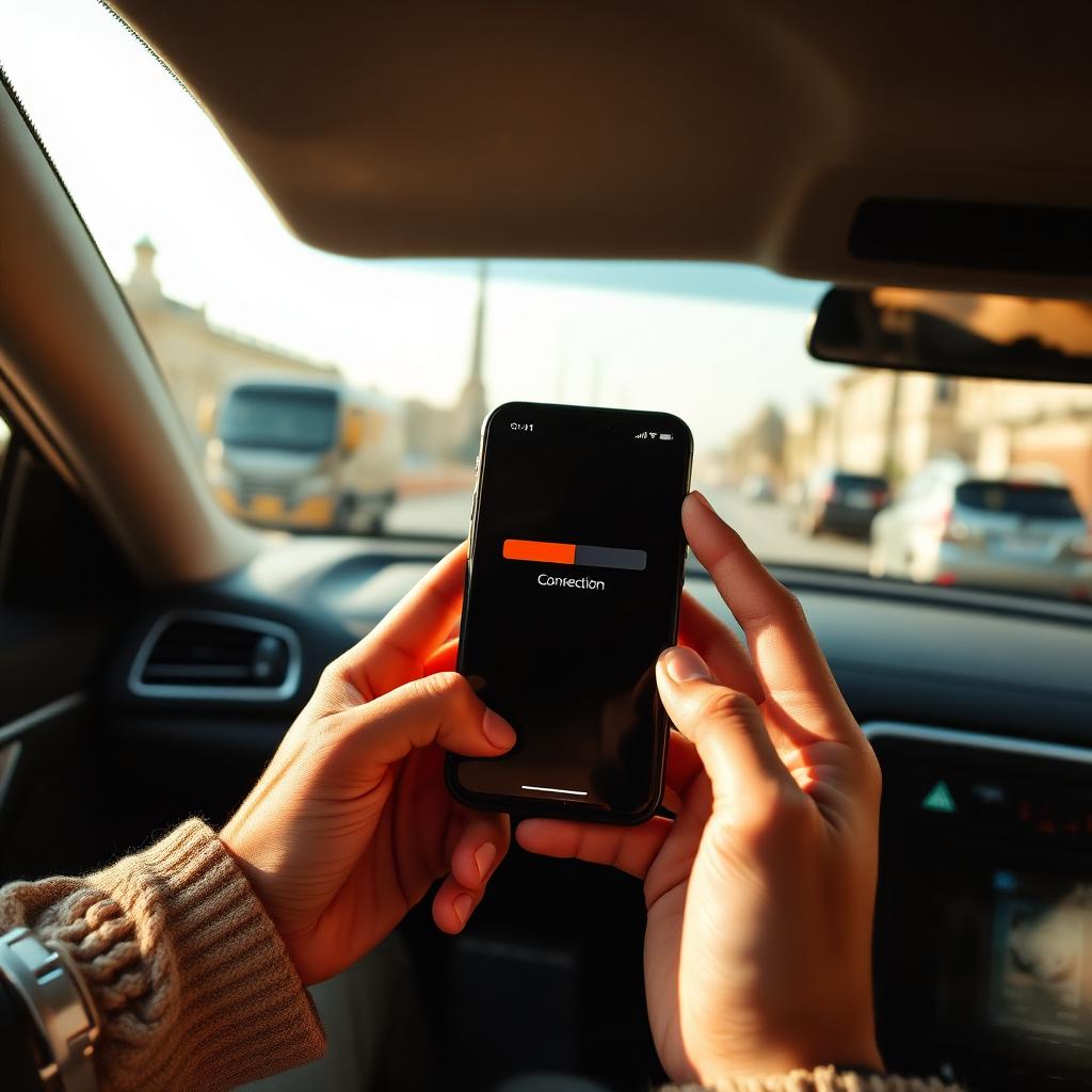 Traveller holding a smartphone showing a full signal bar and connection screen after landing.