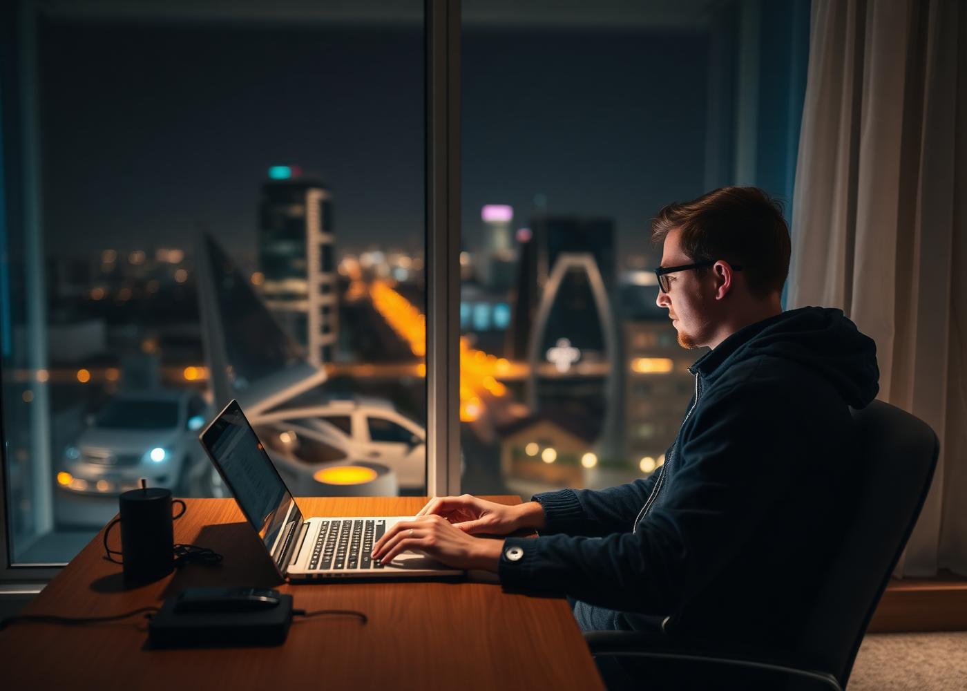 Traveller working from a warm modern hotel room at night with a laptop and smartphone beside a floor-to-ceiling window overlooking city lights.