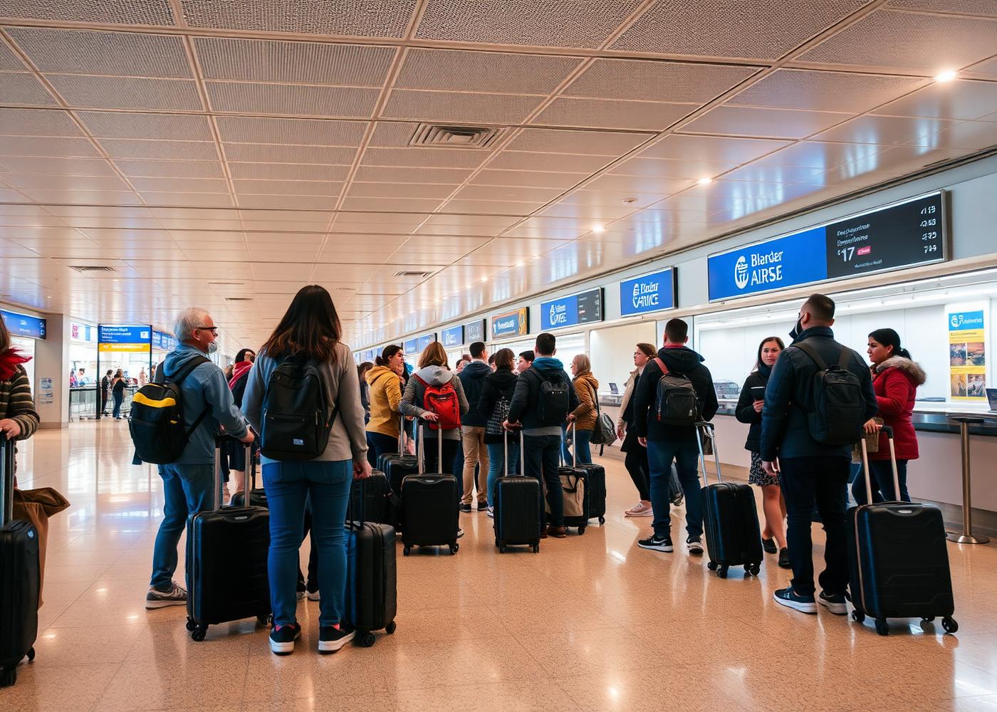 Travellers with rolling suitcases queuing at an airport arrivals counter.