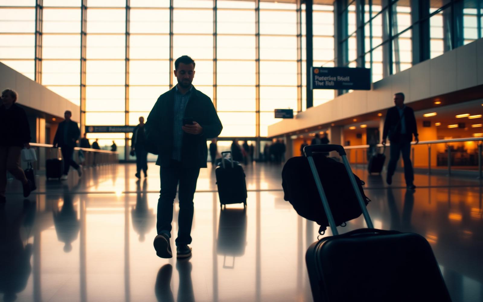 International traveller with a small carry-on suitcase walking through a modern Australian airport arrivals hall at dawn, holding a smartphone.