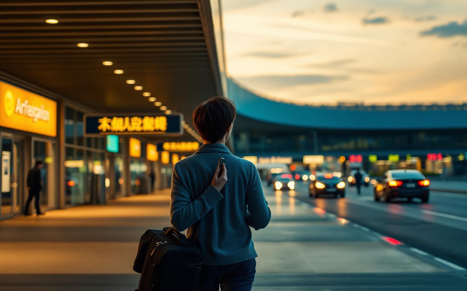 Traveller walking out of a modern Chinese airport toward taxi and ride-hail pickup lanes at dusk, glancing at a smartphone.