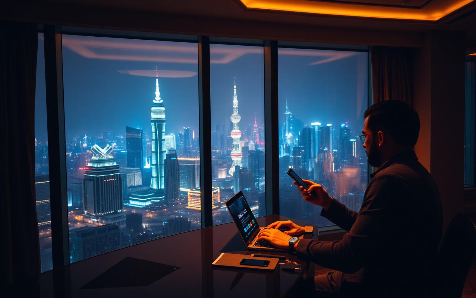 Traveller in a modern Shanghai hotel suite at night using a phone and laptop with a dense illuminated Pudong-style skyline through floor-to-ceiling windows.