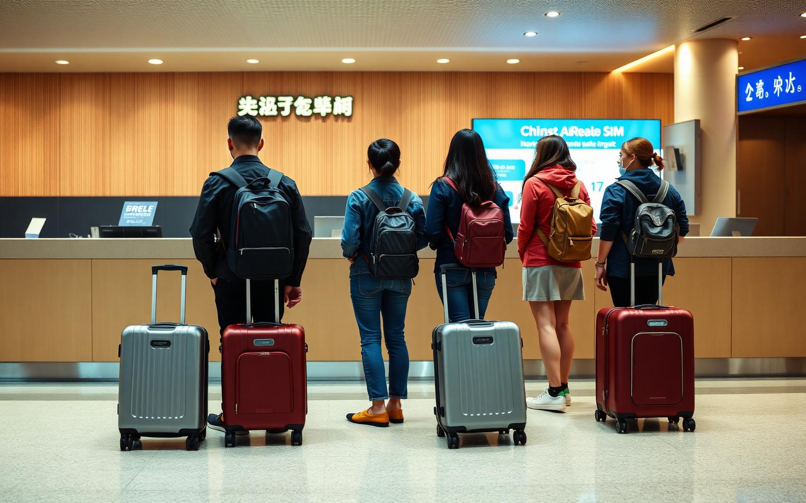 Queue of international travellers with luggage waiting at a mobile SIM counter inside a modern Chinese airport arrivals hall.