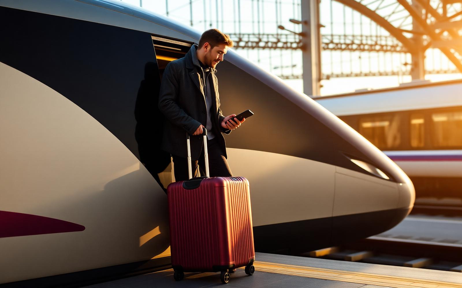 International traveller with a carry-on suitcase stepping off a sleek European high-speed train onto a bright modern platform.