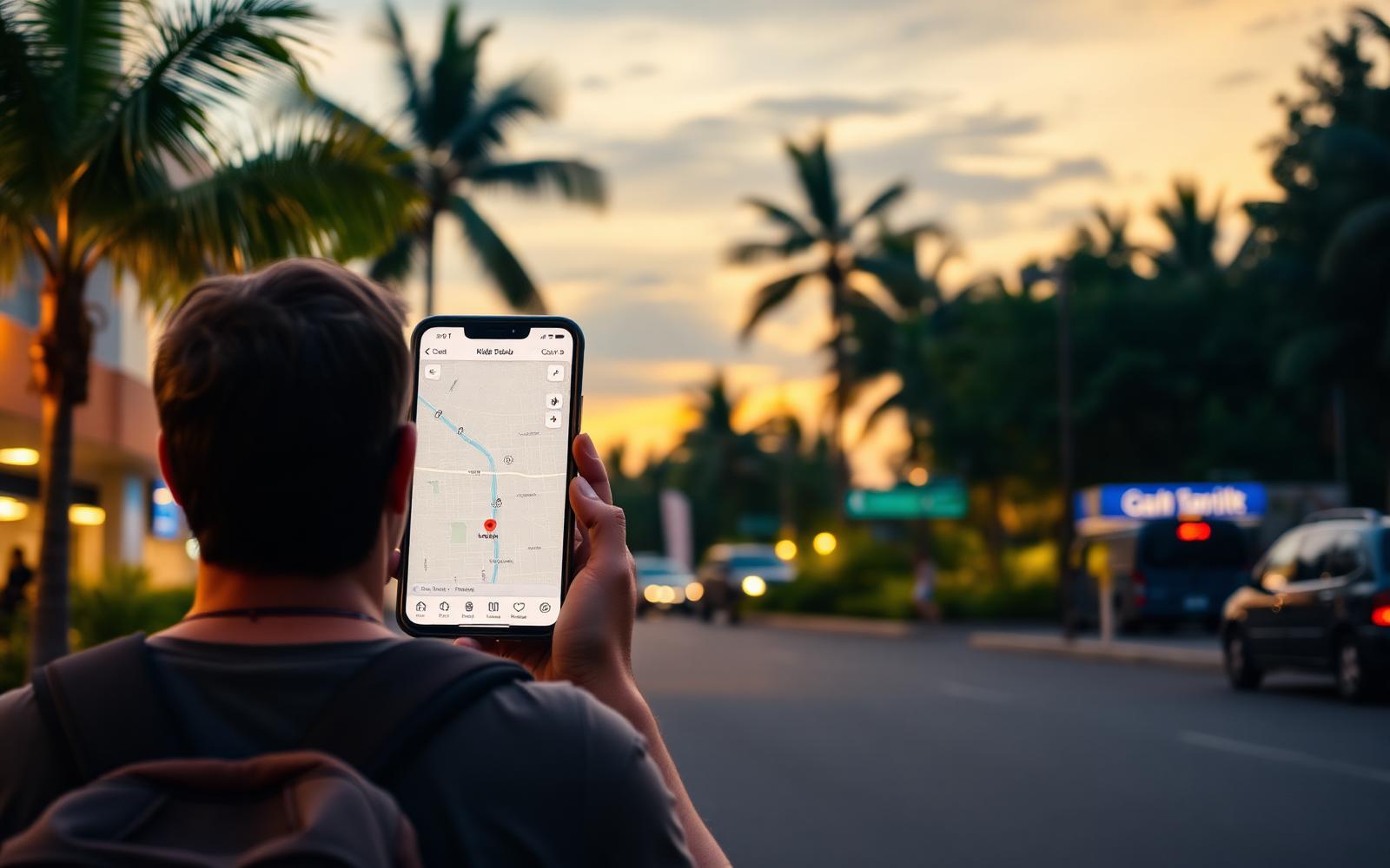 Traveller walking out of a Bali airport toward the ride-hail pickup zone at dusk, glancing at a smartphone.
