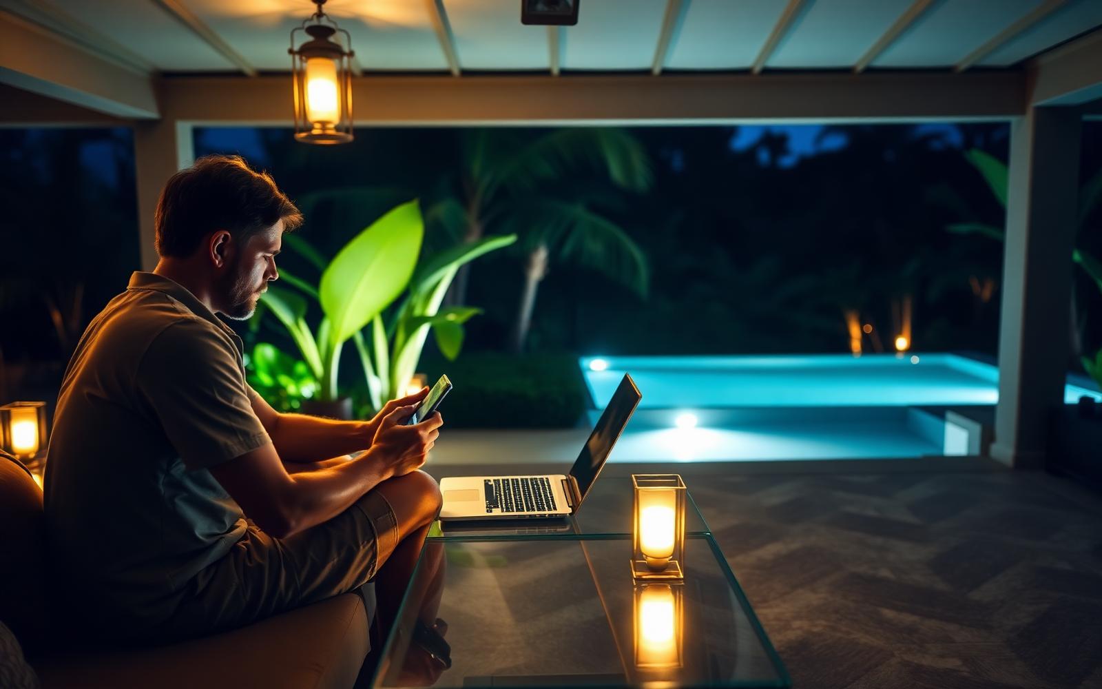 Traveller on the private open-air terrace of a premium Bali villa at night using a smartphone with an open laptop on a low table, warm lantern light and a softly lit infinity pool in the background.