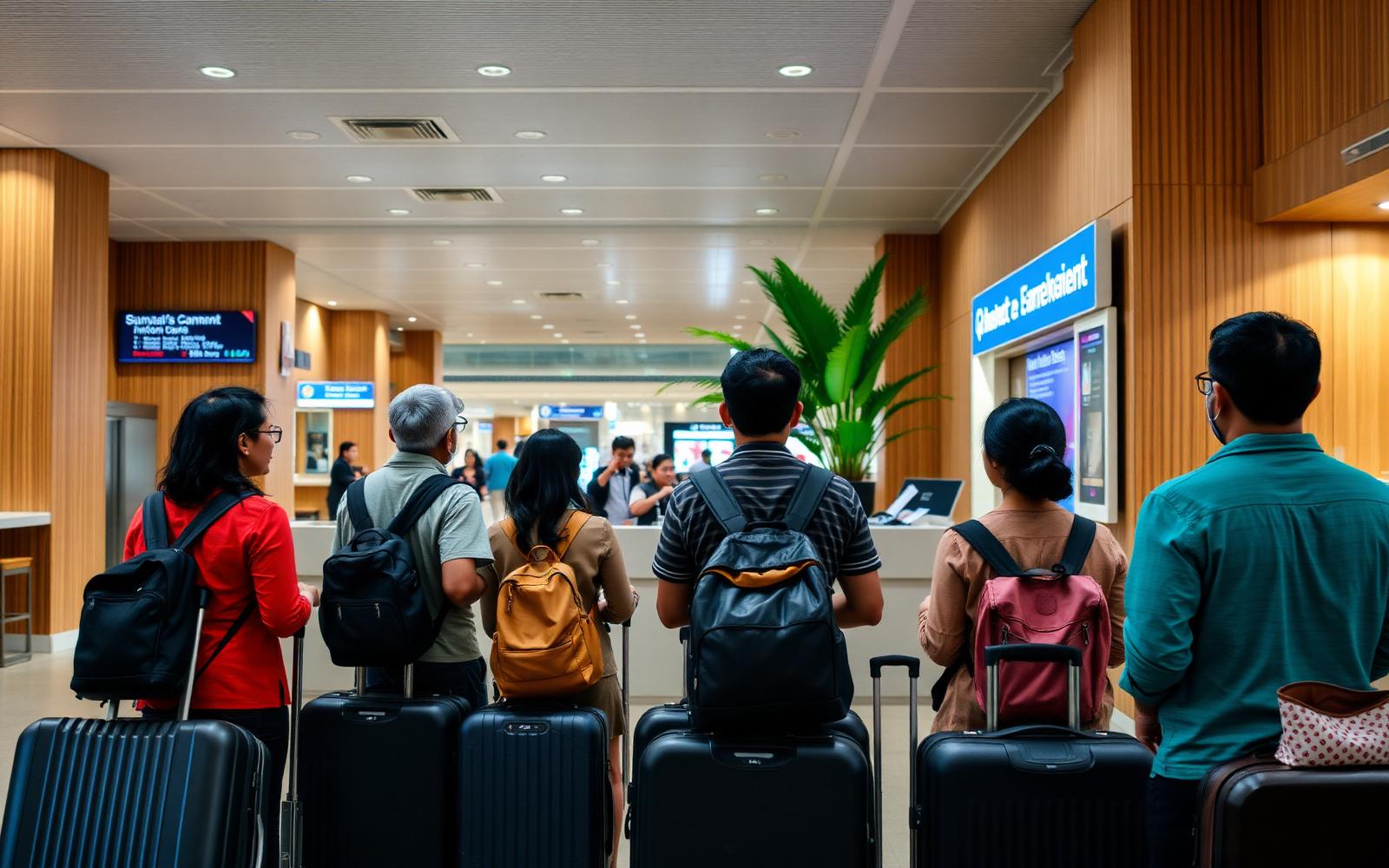 Queue of international travellers with luggage waiting at a mobile SIM counter inside a modern Indonesian airport arrivals hall.