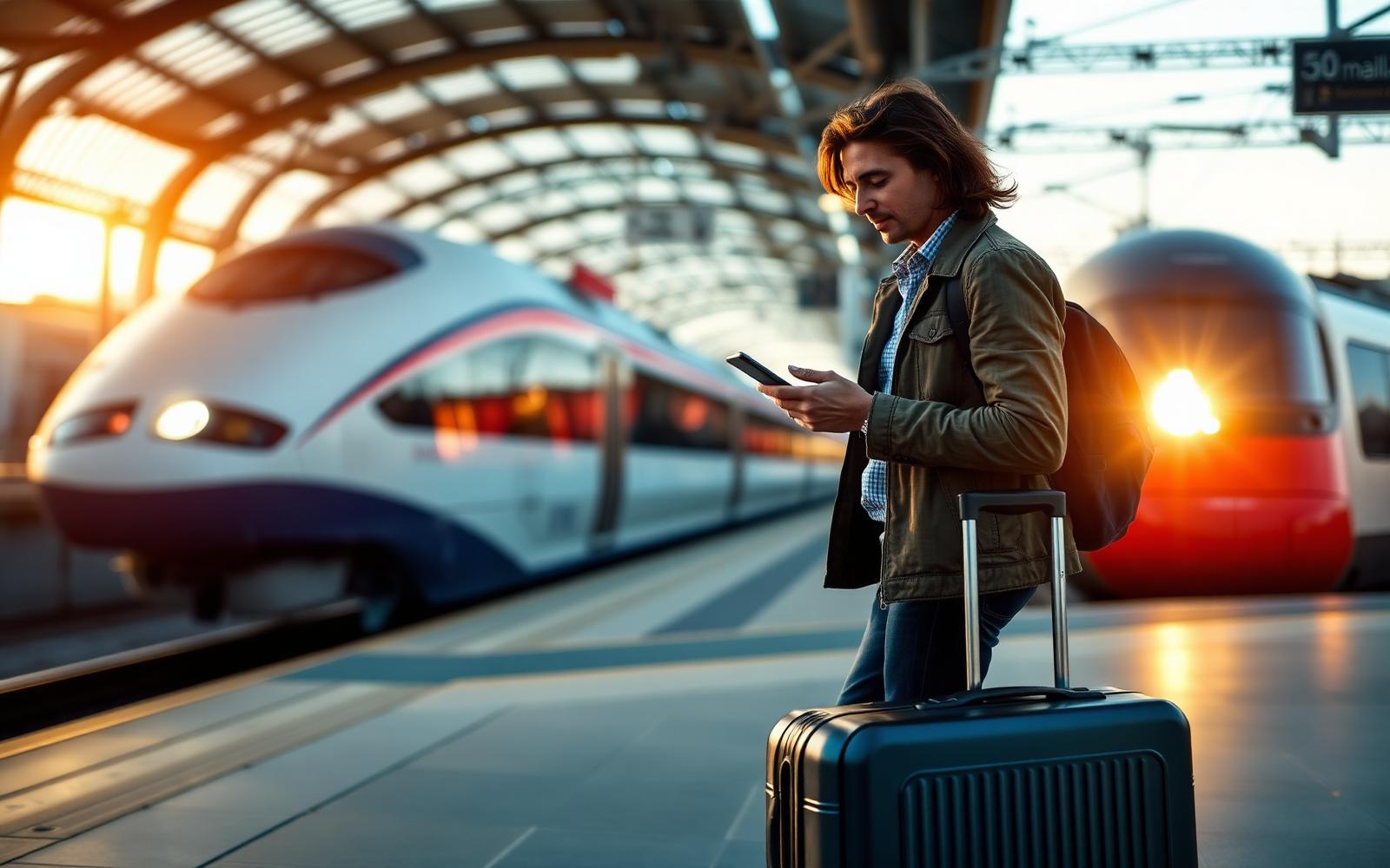 International traveller with a carry-on suitcase stepping onto the platform of a modern Italian high-speed train station in the early evening, checking a smartphone.
