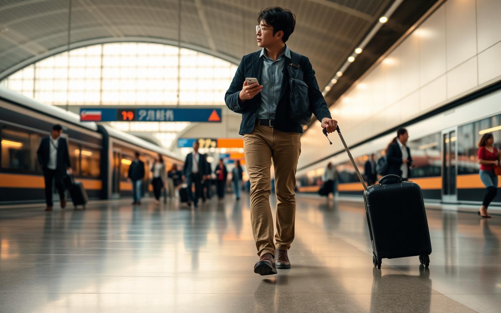 International traveller walking through a spacious modern Japanese train station concourse holding a smartphone with a small carry-on suitcase.