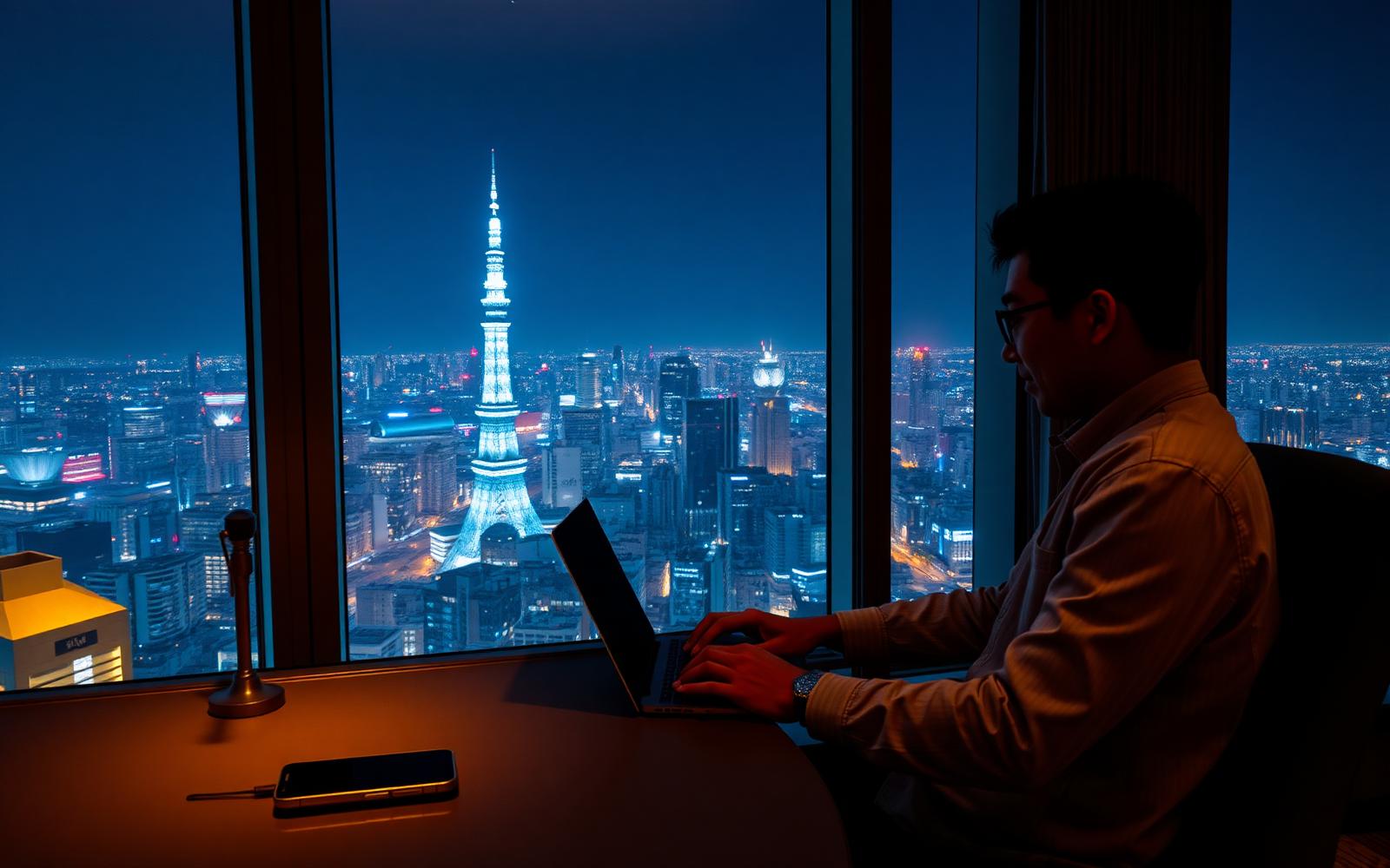 Traveller in a modern high-floor Tokyo hotel suite at night using a phone and laptop with an illuminated Tokyo skyline through floor-to-ceiling windows.
