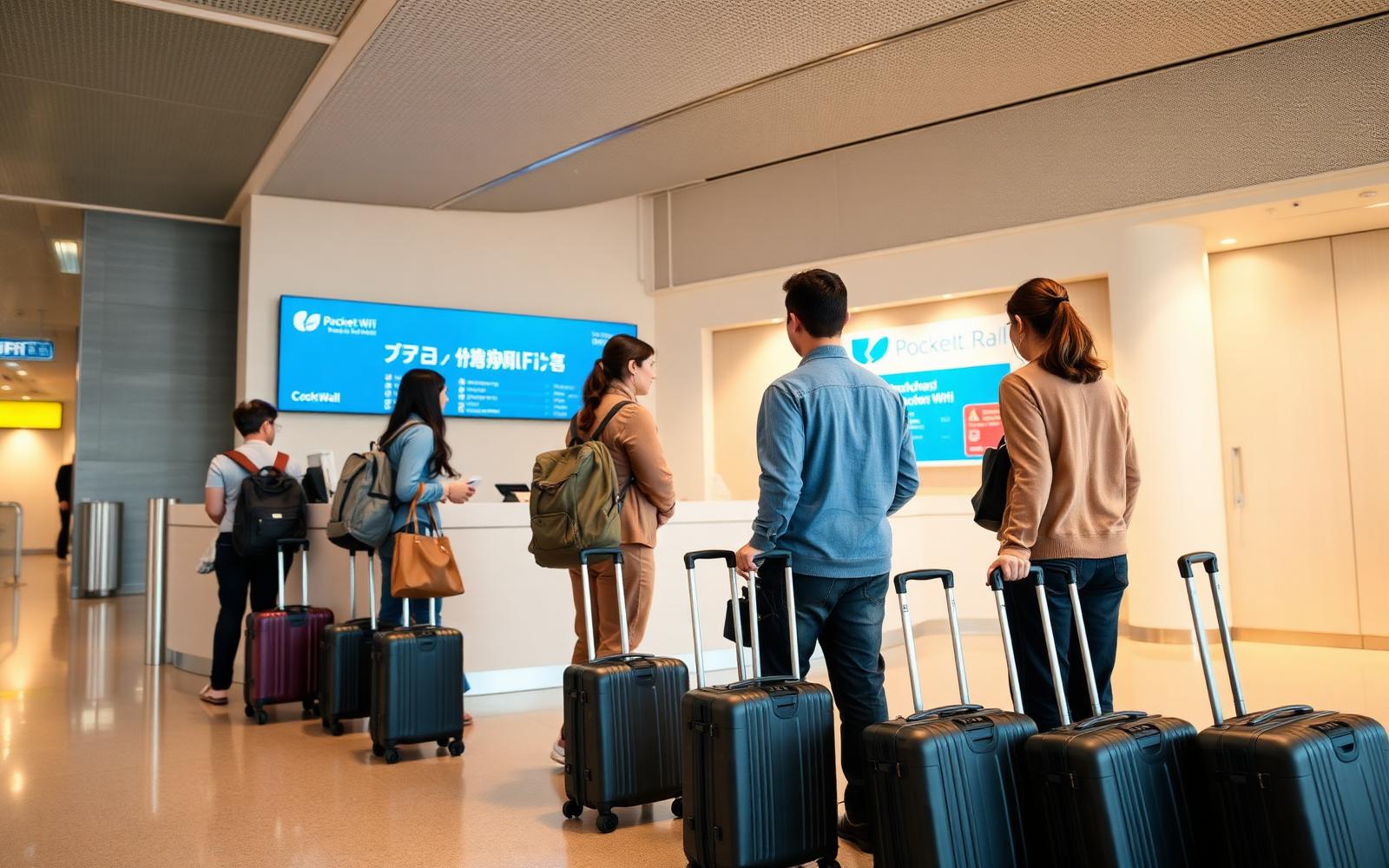 Travellers with rolling suitcases waiting at a pocket Wi-Fi rental counter inside a modern Japanese airport arrivals hall.