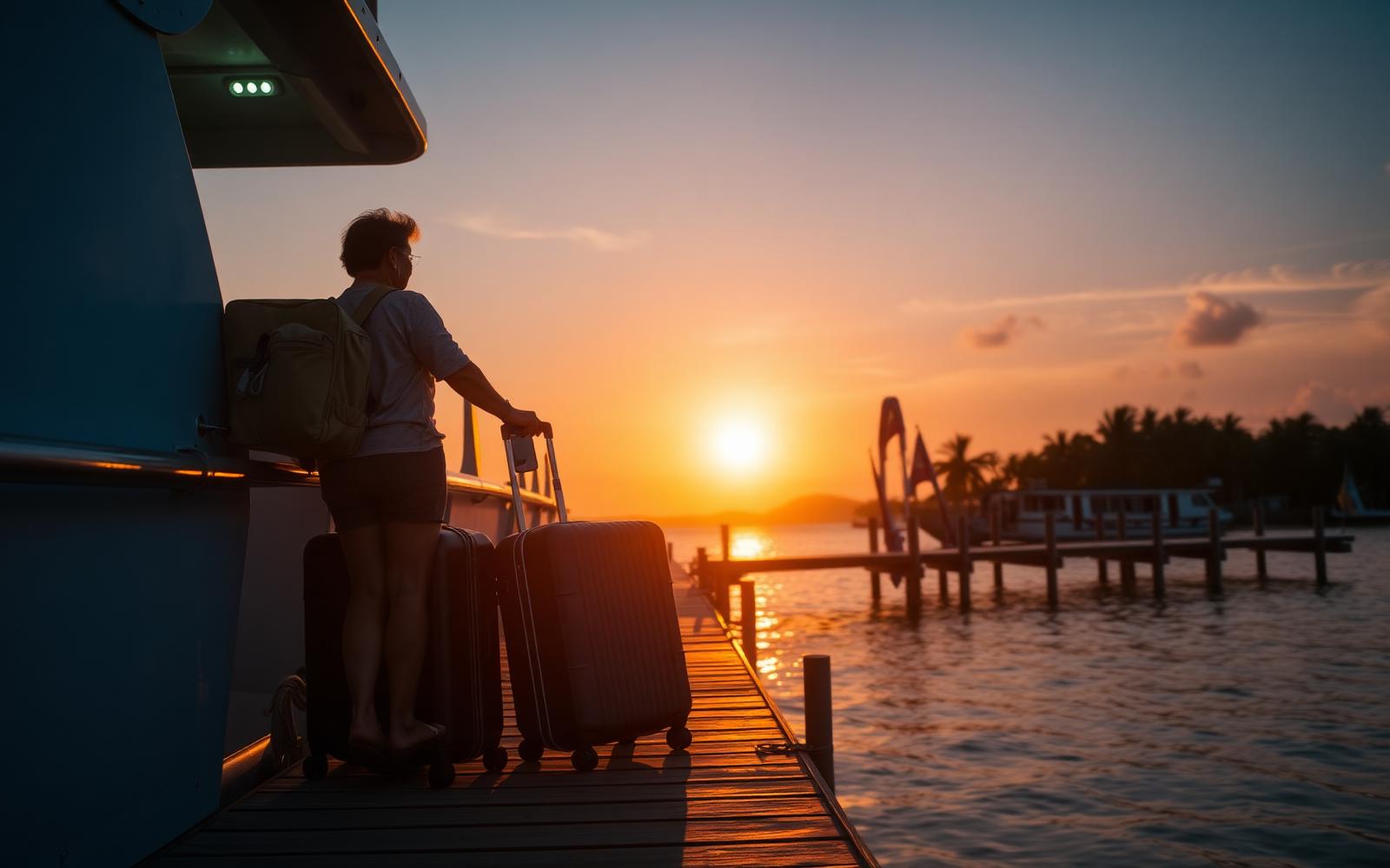 International traveller with a carry-on suitcase stepping off a passenger ferry onto a wooden tropical pier in the Philippines at sunset.