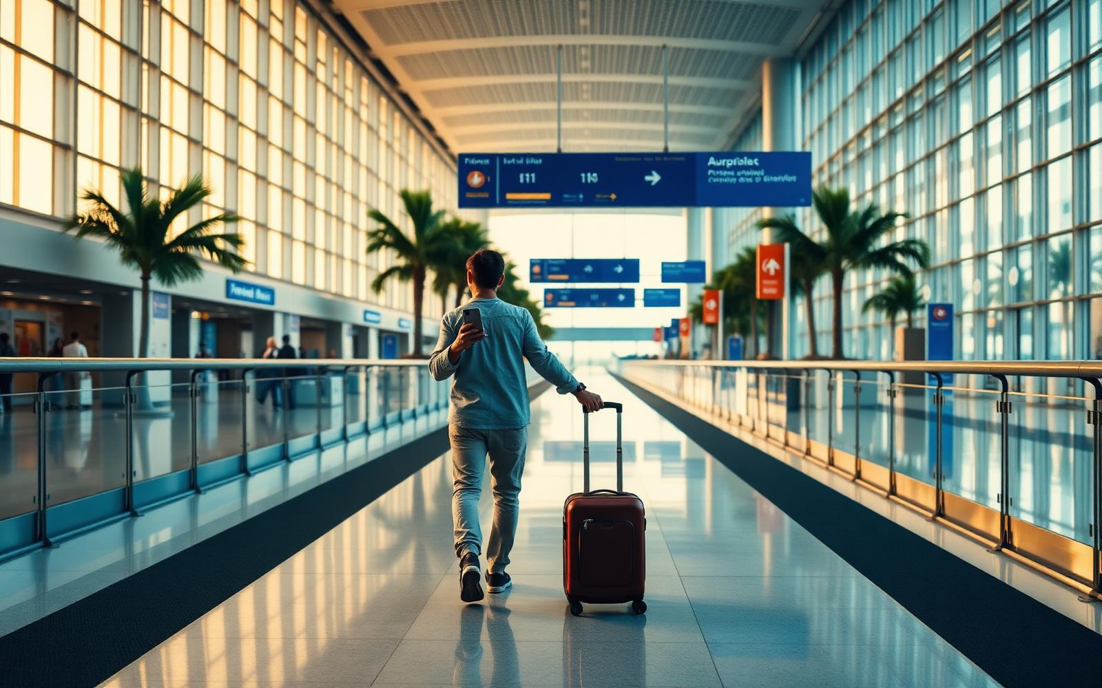 International traveller with a carry-on suitcase walking through the modern Changi Airport arrivals concourse holding a smartphone.