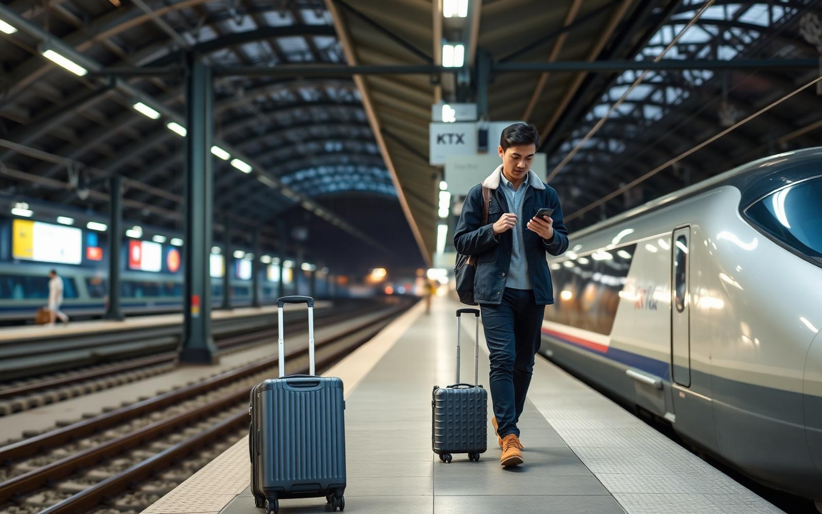 International traveller with a carry-on suitcase walking along a modern Korean high-speed train platform, checking a smartphone.