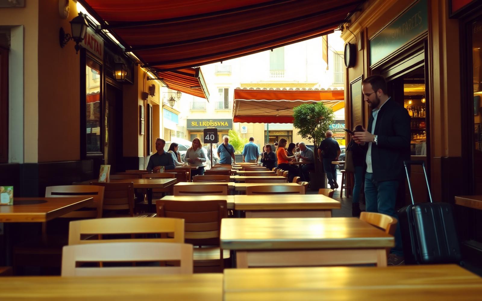 International traveller with a carry-on next to a sunlit Spanish tapas terrace holding a smartphone.