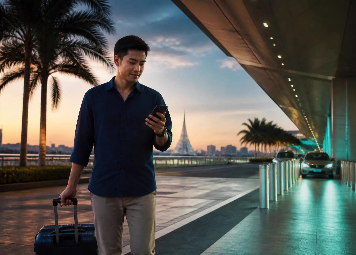 Traveller walking out of a Thailand airport toward rideshare pickup, glancing at a smartphone at dusk.