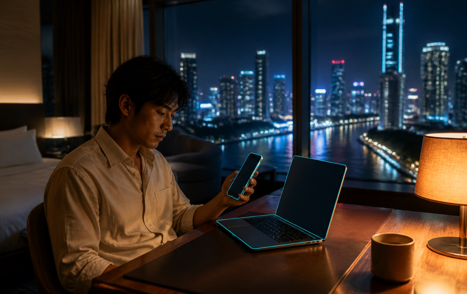 Traveller in a modern Bangkok hotel suite at night, comfortably using a phone and laptop with the illuminated city skyline through the window.