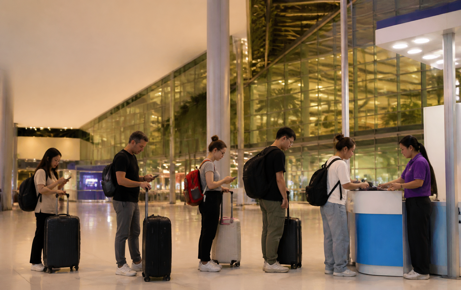 Queue of international travellers with luggage waiting at a mobile SIM counter inside a modern Bangkok airport arrivals hall.
