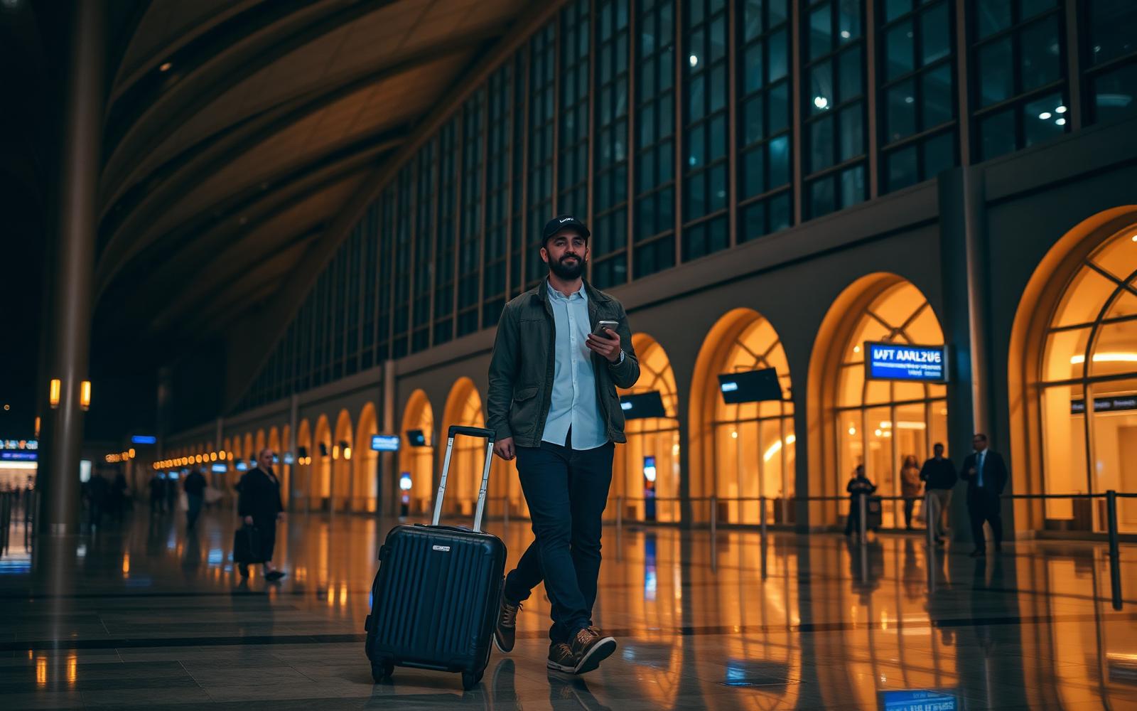 International traveller with a carry-on suitcase walking through a spacious modern Middle Eastern airport arrivals hall at night, holding a smartphone.