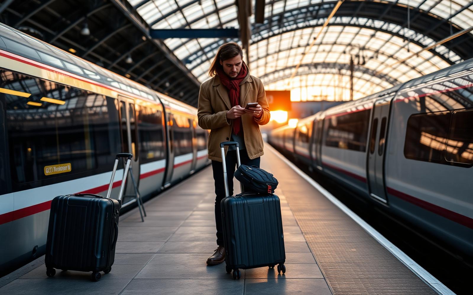 International traveller with a carry-on suitcase standing on the platform of a British rail station in the early evening, checking a smartphone.