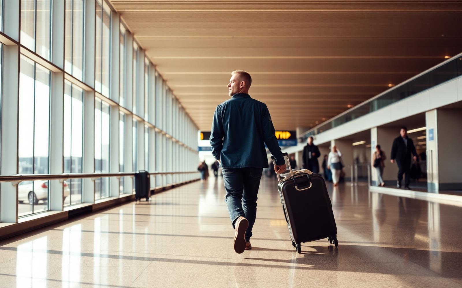 International traveller with a small carry-on suitcase walking through a modern US airport arrivals hall holding a smartphone.